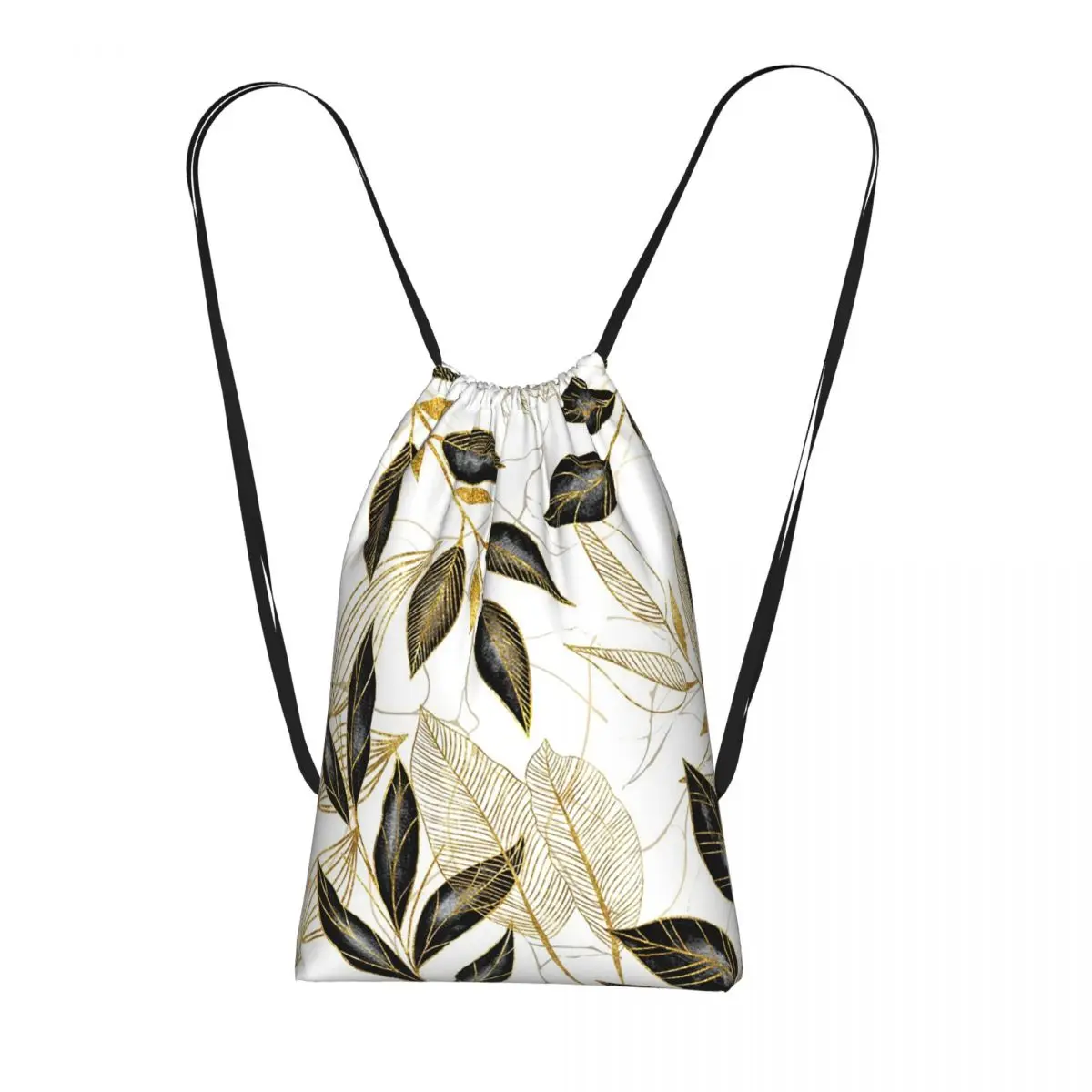 Black Golden Leaf Print Backpacks Casual Drawstring Bags Sundries Bag Book Bags for Travel School