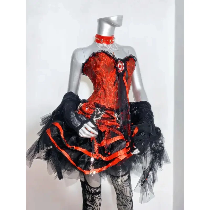 

Gothic Red Black Chain Splicing Palace Puff Cake Skirt SK Ultra Short Dress Dance Dresses Rock Series Rocker