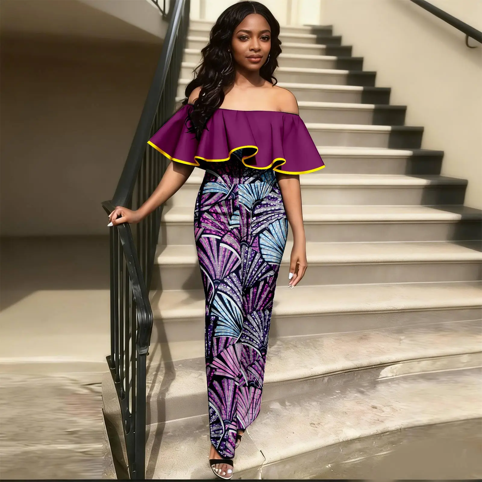 Afripride Africa Women's Jumpsuit Printed Fabric Slash Neck Butterfly sleeve Floor-Length Jumpsuit Patchwork Casual 2629007