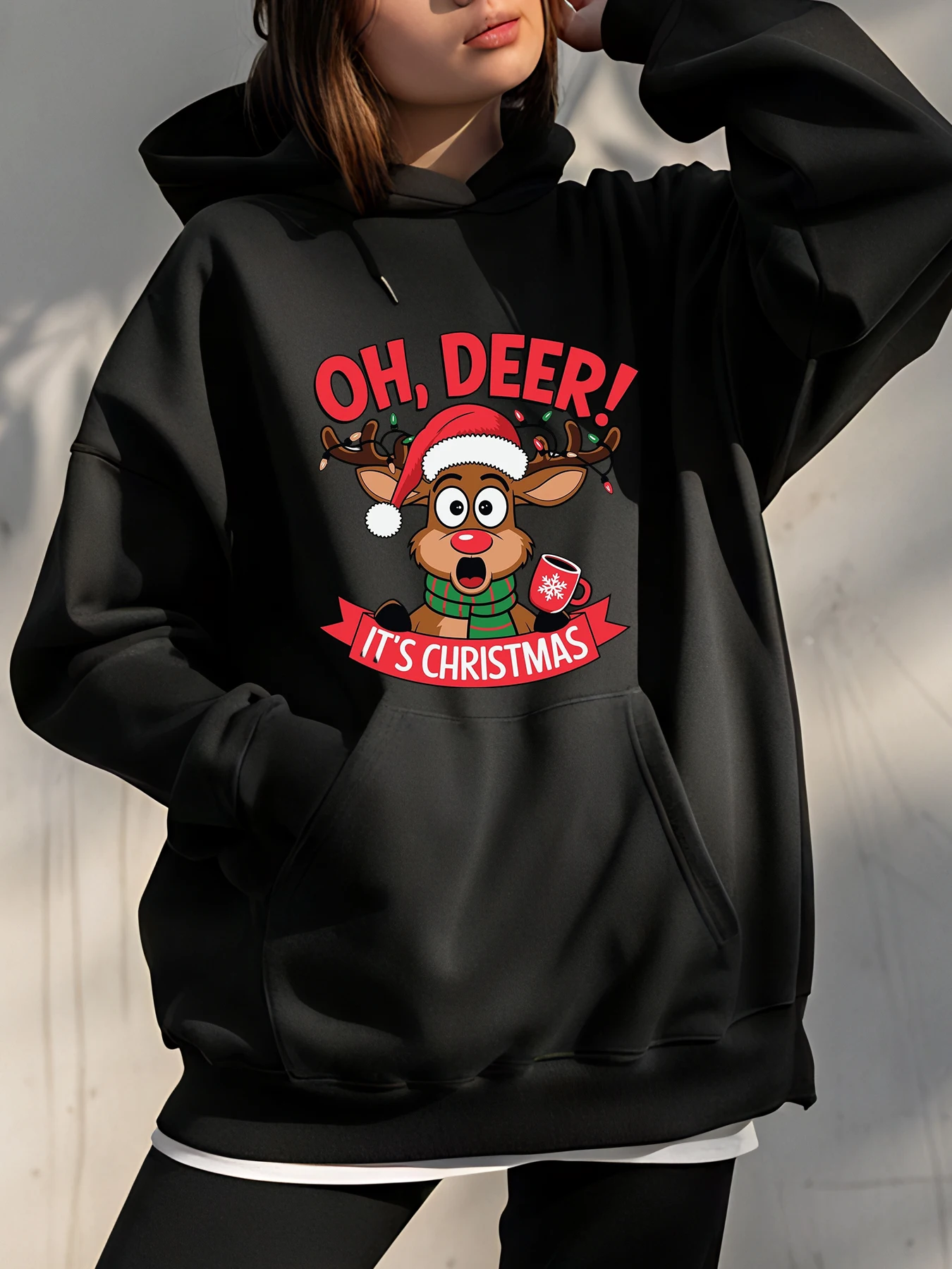 

Oh Deer It's Christmas Reindeer Праздничный свитшот Женская повседневная зимняя толстовка с шапкой Санта-Клауса и дизайном кружки