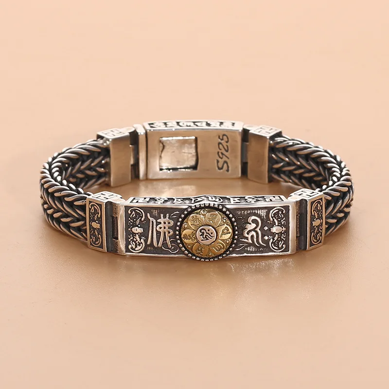 

S925 silver woven six-word mantra bracelet keel Thai silver Vajra Buddha chain thick elegant fashion men's fashion