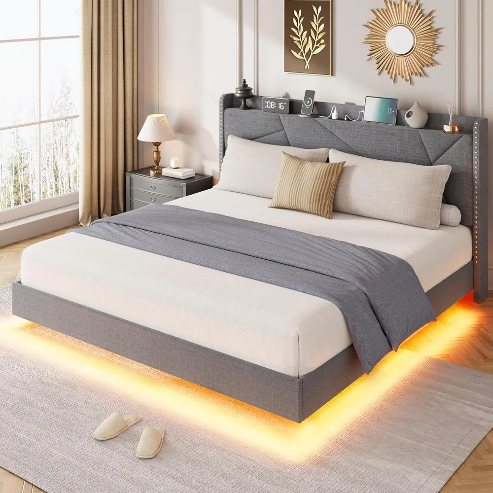 

LED Full Size Bed Frame W/Charging Station, Upholster Platform Bed W/Storage Headboard Fold Shelve Storage, Metal Slat Support