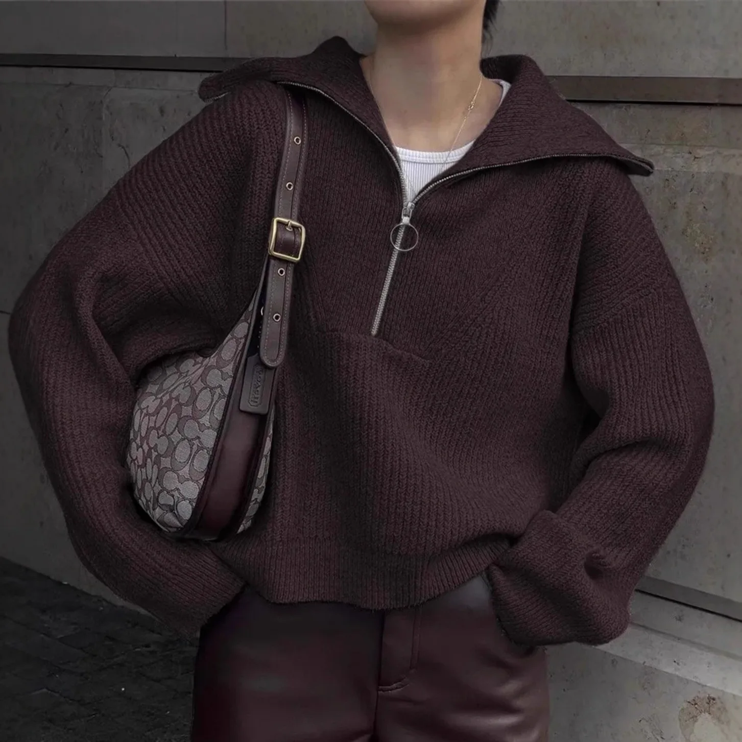 Sweaters Women Knitted Pullover Zipper Turn Down Collar Casual Solid Long Sleeve Jumpers Y2k Streetwear Elegant Work Loose Thick