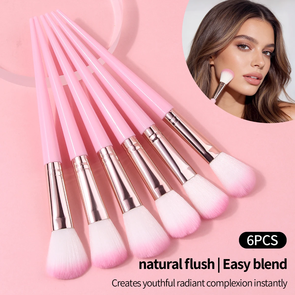 6Pc Daily Use Makeup Brushes Soft Pink Hair Blush Powder Brushes Airy Flawless Finish Professional Face Cosmetic Tool Kit view 6