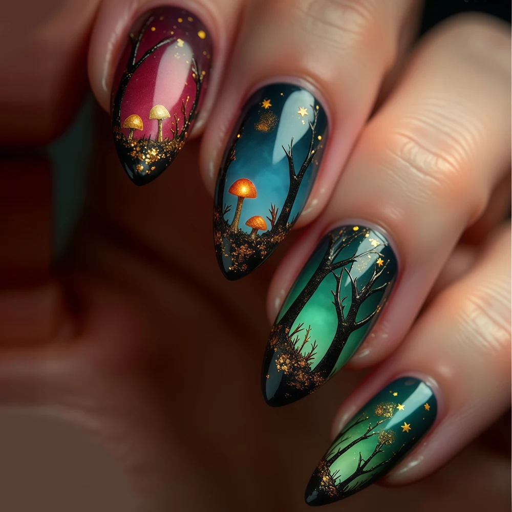24Pcs Almond-Shaped Nails with Cool Mushroom and Black Fores