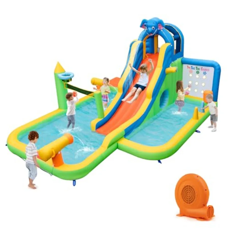 

Надувная водная горка 9 в 1 «Слон» для взрослых, сине-желтая, для двора, с бассейном и скалодромом