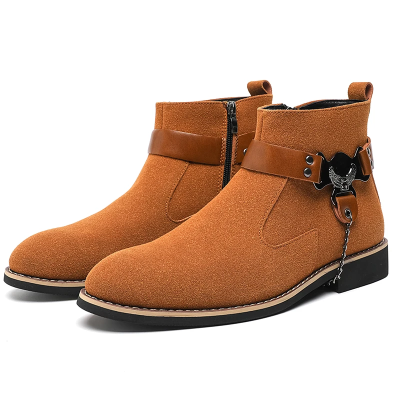 

Autumn British Style Fashionable High Top Chain Men's Boots Retro Casual Solid Color Foreign Trade Plus Size Men's Leather Boots