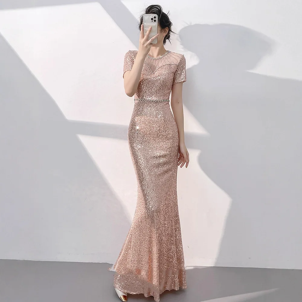 

Вечернее платье для женщин 2026: Новинка, короткий рукав, пайетки, фасон «русалка», легкий люкс, бисерная отделка, приталенное, для вечеринок