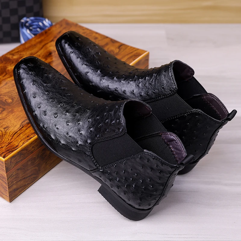 Luxury Designer New Men's Pointed Ostrich Pattern Pu Leather Casual Chelsea Ankle Boot Winter High Top Shoes Zapatos Hombre