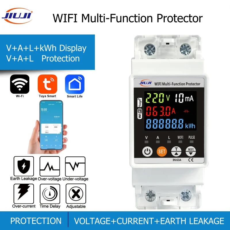 WIFI Smart Switch TUYA Energy Meter Kwh Metering 63A Circuit Breaker Timer with voltage current- leakage protect JJMVPD-63LW