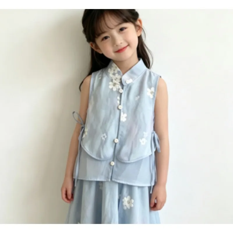 2026 Summer children New clothing Set blue white Flower Top and Mosquito Resistant Wide Leg casual Pants
