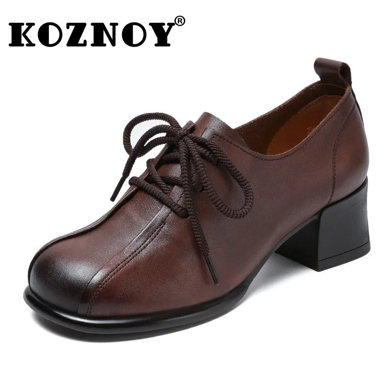 

Koznoy 5cm Women Cowhide Shoes Retro Casual Spring Summer Autumn Classic LadiesPumps Round Toe Cow Genuine Leather Chunky Heels