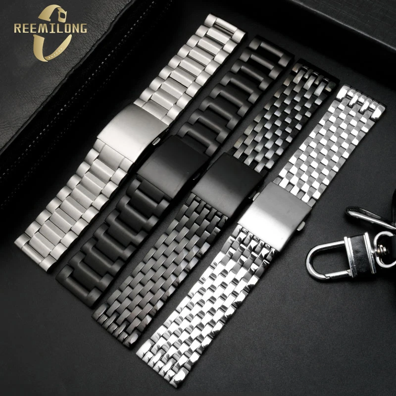 Stainless steel watch strap 22mm 24mm 26mm 28mm 30mm soild refined metal silver black gold men\'s watchband bracelet For Diesel