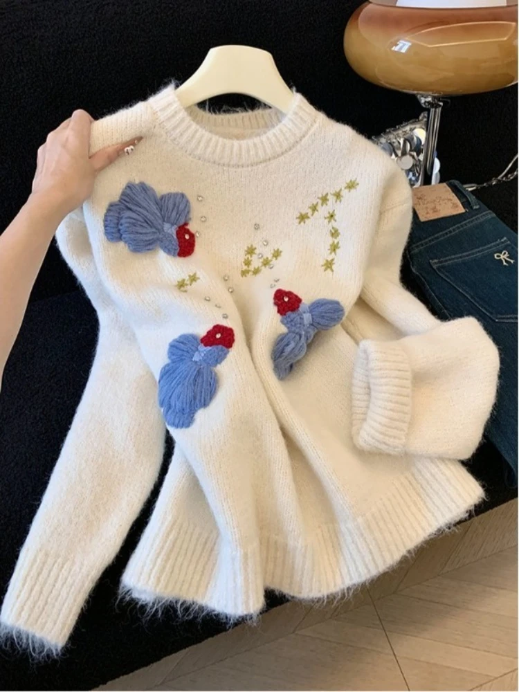 

Изысканный вязаный крючком свитер с вышивкой в корейском стиле, женский осенне-зимний свободный и толстый теплый пуловер, вязаный топ