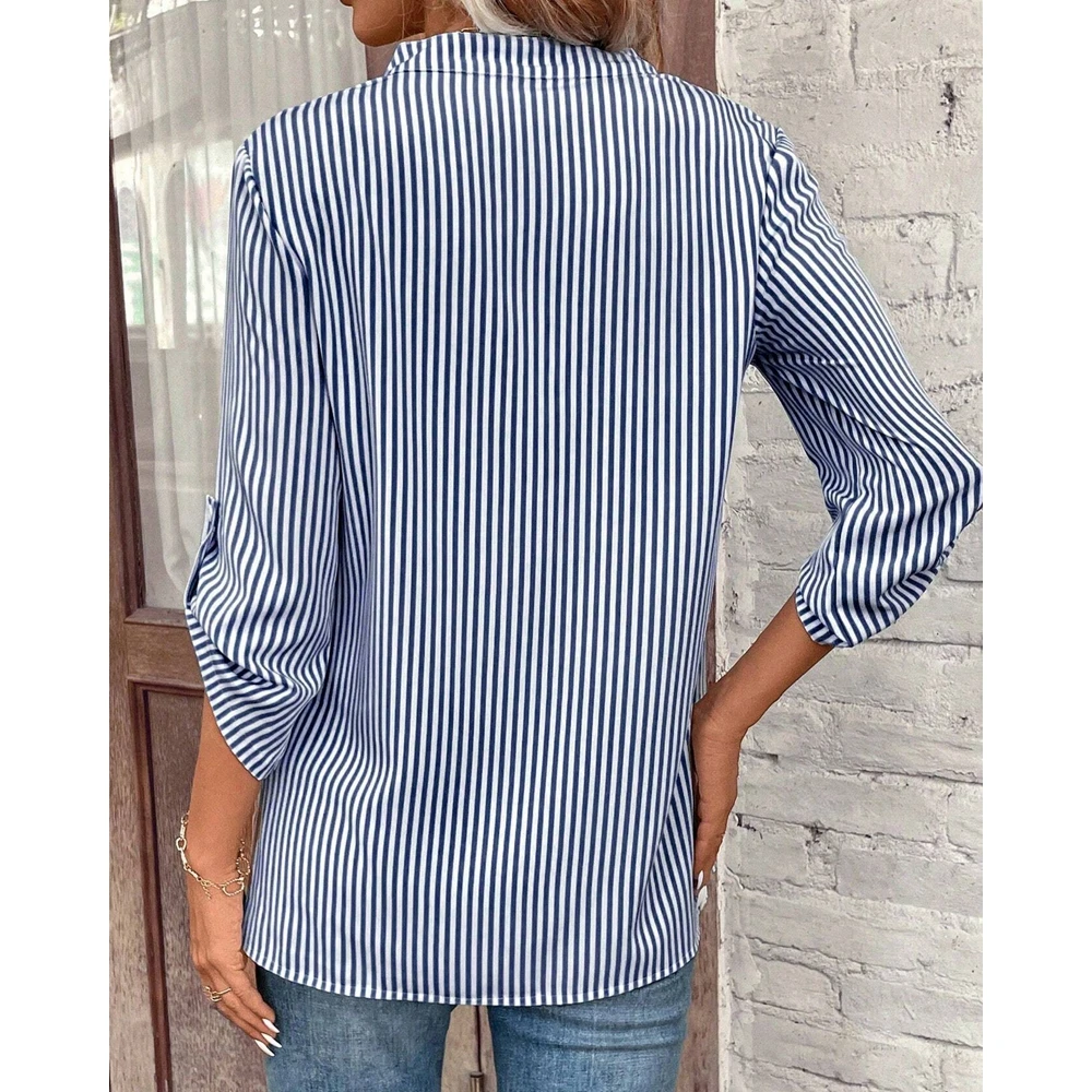 Summer Casual Shirt for Women Striped Print Three Quarter Sleeve Shirts & Blouses Femme Fashion V-Neck Buttoned Blouse Top y2k