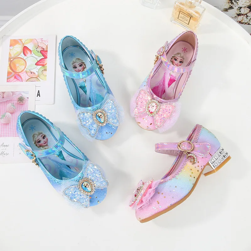 Disney Women Causal Shoes Children's High Heels Princess Elsa Girls' Shiny Rainbow Crystal Leather Pink Blue Shoes Size 23-36