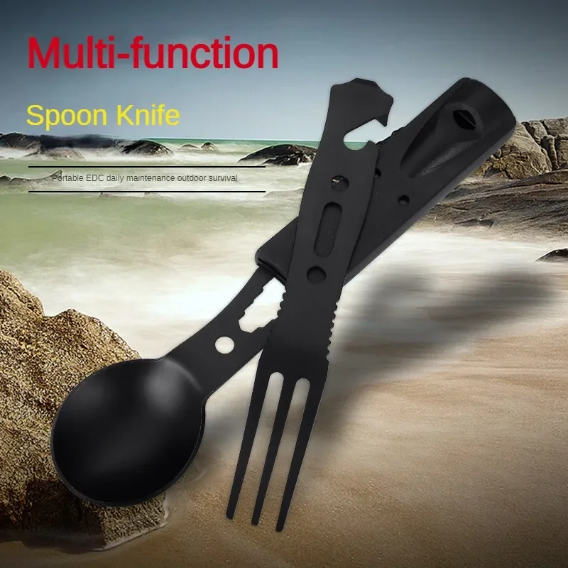 

Outdoor Set Multi functional Camping Knives Camping Tableware Outdoor Wind Combination Stainless Steel with Whistle Spoon Fork