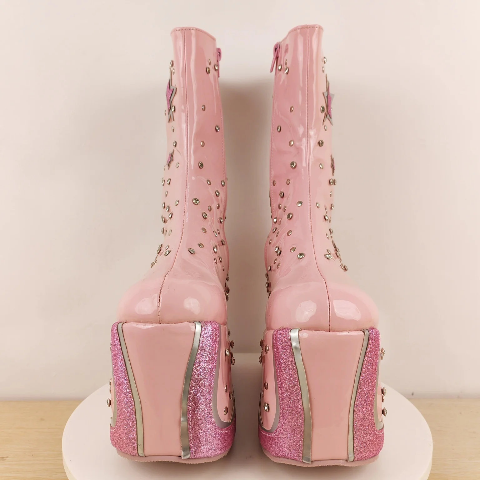 Womens Pink Platform Wedge Ankle Boots Glitter Star Studs Side Zipper Y2K Barbie Booties Cute Glam Sweet Autumn Shoes