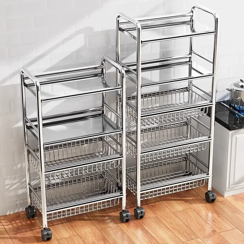 

Stainless Steel Kitchen Vegetable Basket Multifunctional Storage Trolley Fruit Movable Rolling Cart Microwave Oven Organize Rack