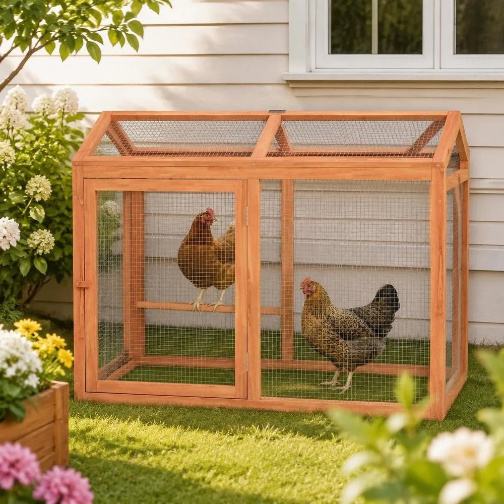 Poulailler en bois de sapin avec structure en bois et grillage dense, conception modulaire, montage facile, enclos spacieux pour jardin et cour arrière