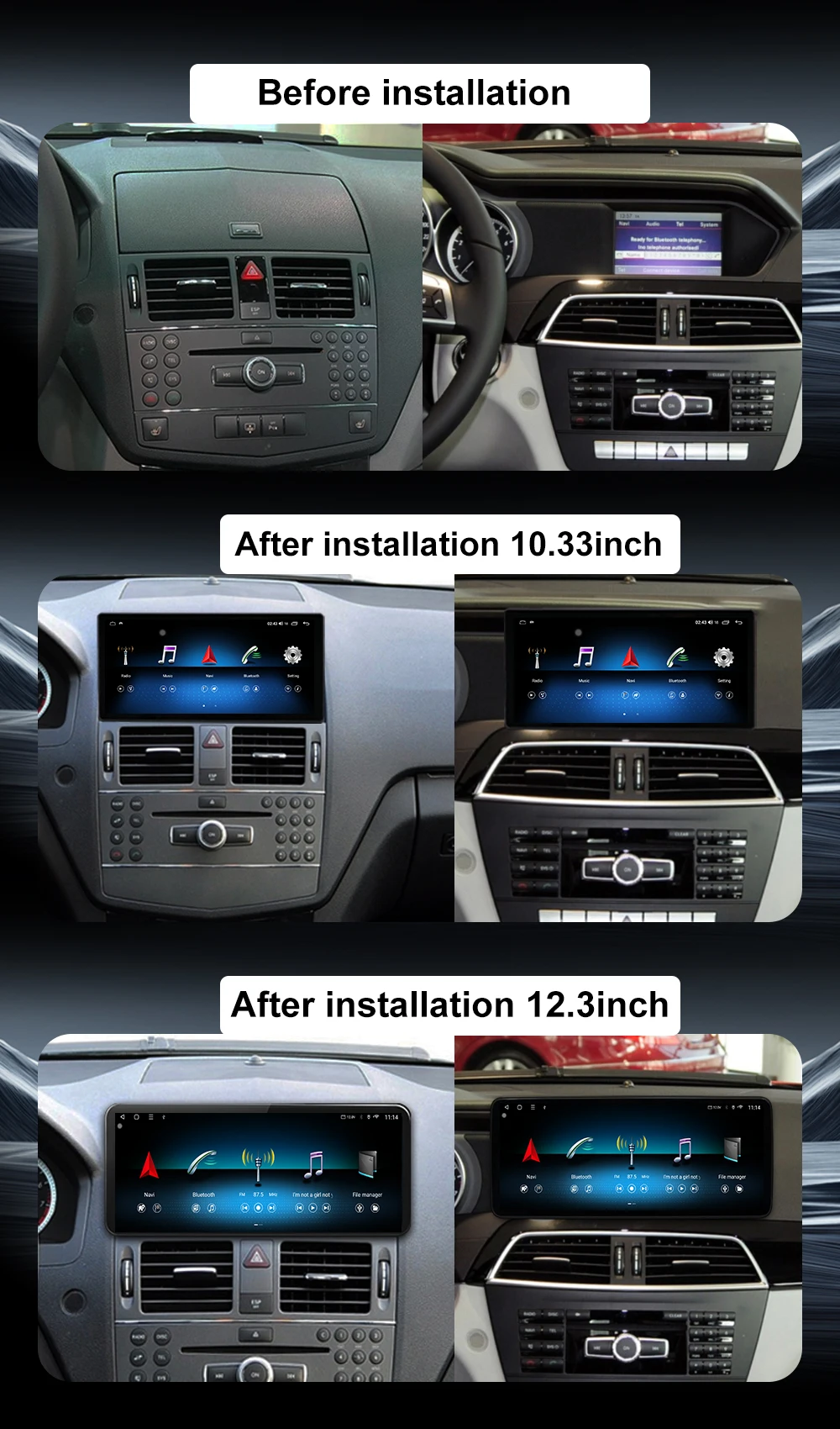 Android 16 For Right Hand Drive Benz C Class W204 2007-2014 Wireless CarPlay Multimedia Display Touch Screen Android Auto BT DVR