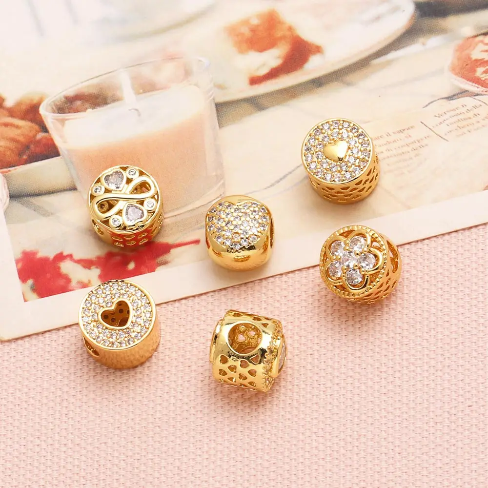 OCESRIO White Crystal Small Cylinder Heart Charms for Bracelet Copper Gold Plated CZ Flower accesorios de joyería chma289