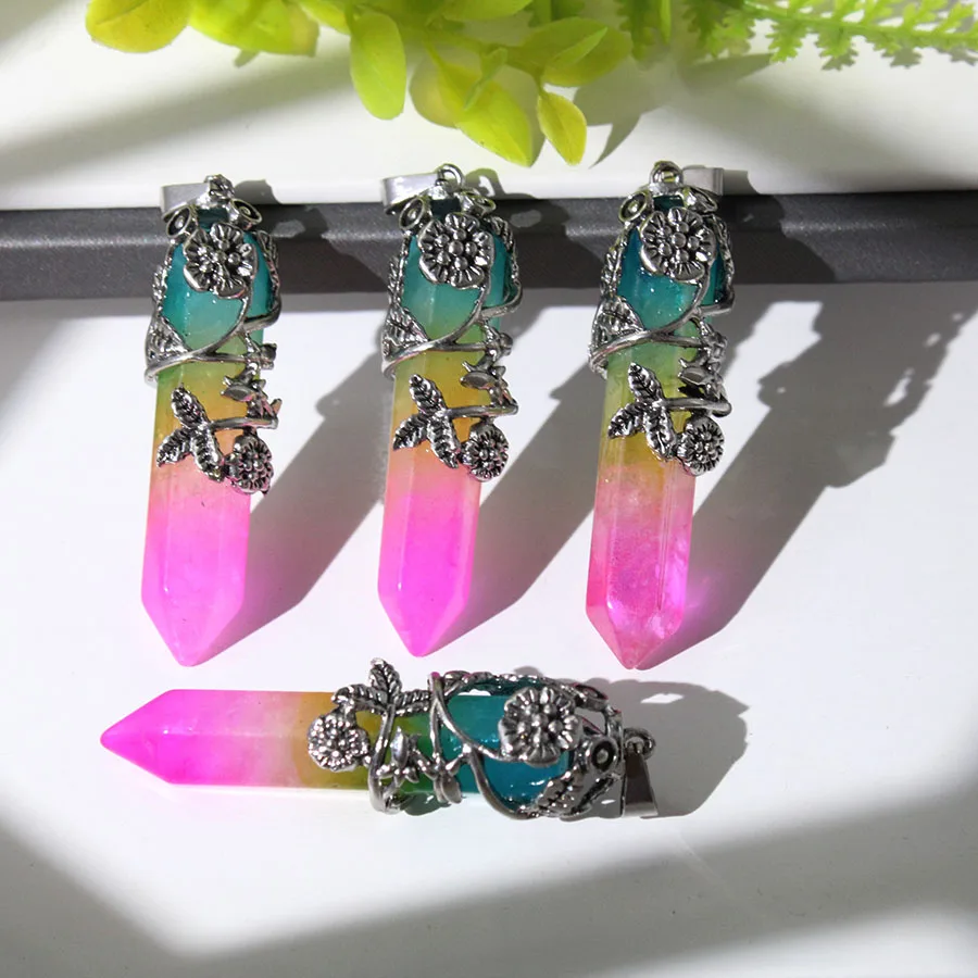 6 خمر سبائك زهر البرقوق الحجر الطبيعي سداسية العمود المعلقات DIY بها بنفسك شقرا مجوهرات و البندول اكسسوارات بالجملة