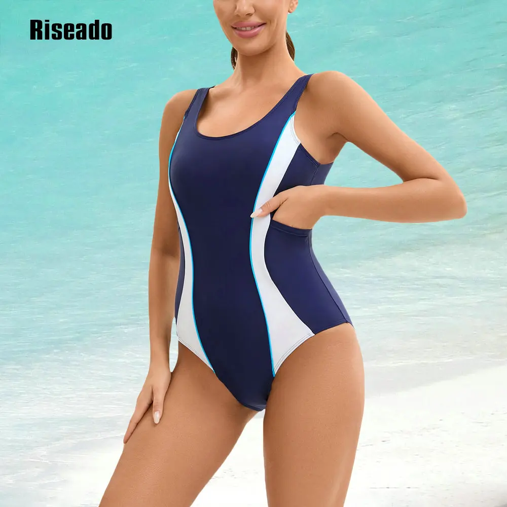 

Riseado Women's One Piece Swimsuit with Pockets Racerback Athletic Bathing Suit