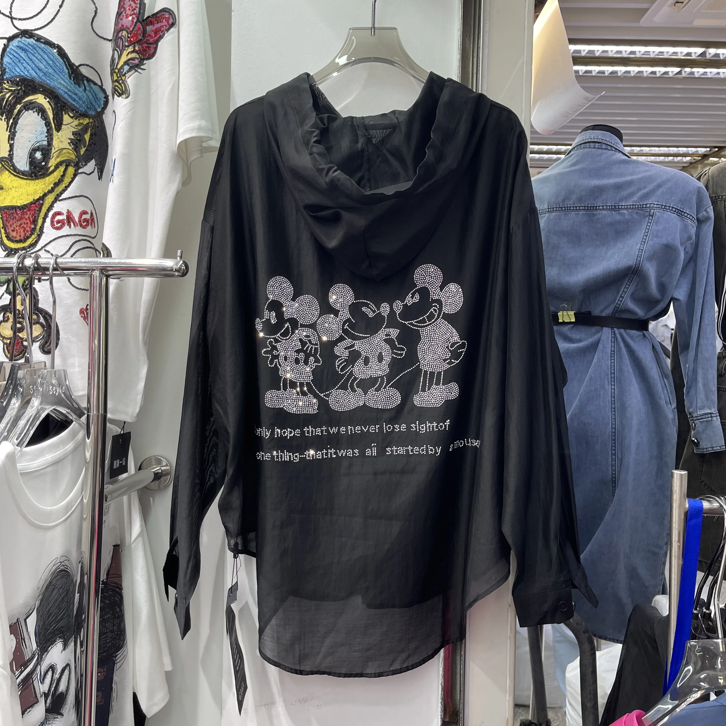 Cartoon Diamond-encrusted Hooded Sunscreen Shirt Long-sleeved Women's European Goods 2025 Summer Loose-fitting Thin Top