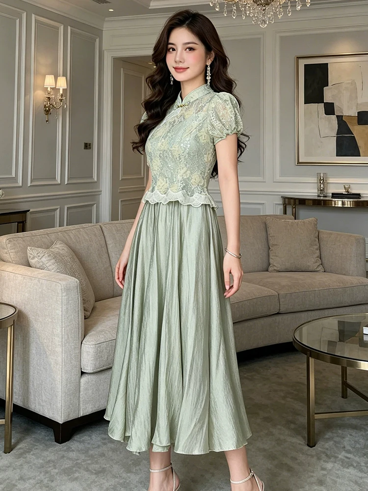 

Light Green Fake 2-Piece Lace Qipao A Line Dress Women Elegant Short Sleeve Slim Midi Dresses Robe Casual Date Party Prom Summer