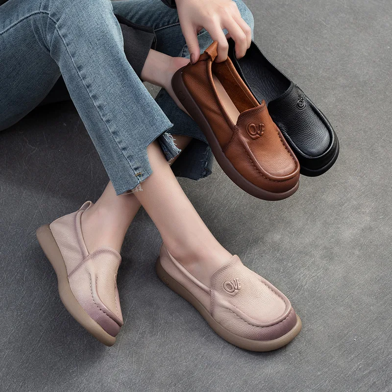 

Women Loafers Leather Shoes Low Heels Soft Spring Handmade Genuine Leather Women Shoes 2024 Square Toe Casual