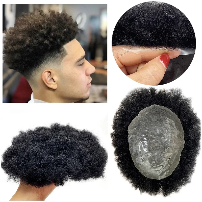 13'x18'Men's Wig Afro Kinky Curly European Human Hair Wigs for Man Fine Mono NPU Capillary Prosthesis Natural Color Hair System