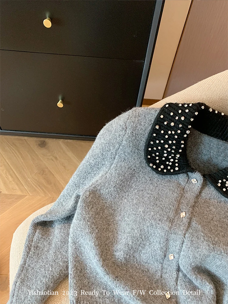 Französisch Grau Strickjacke Frauen Harajuku Kristall Diamanten Übergroßen Pullover Peter Pan Kragen Langarm Koreanische Streetwear