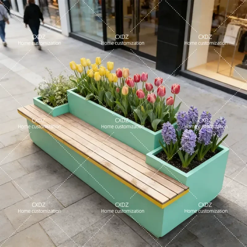 Outdoor Flower Box Seat Stool Modern Simple Planter Bench with Backrest Integrated Leisure Seating for Garden Patio Balcony
