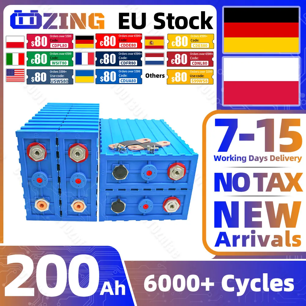 EU Stock 3.2V LiFePO4 200Ah Battery 6000 Cycles Rechargeable Cell Pack DIY RV Car Boat Ship Van Solar Home Energy Storage System