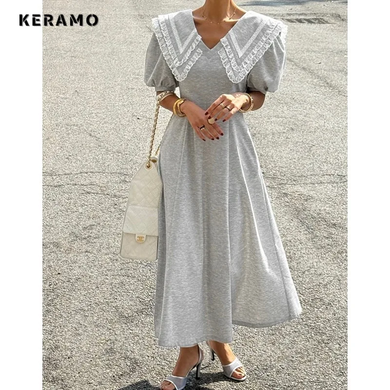 

2025 Summer Sweet Short Sleeve Lace Peter Pan Collar Mini Dresses Women's Casual A-Line Puff Sleeve High Waist Grey Dress