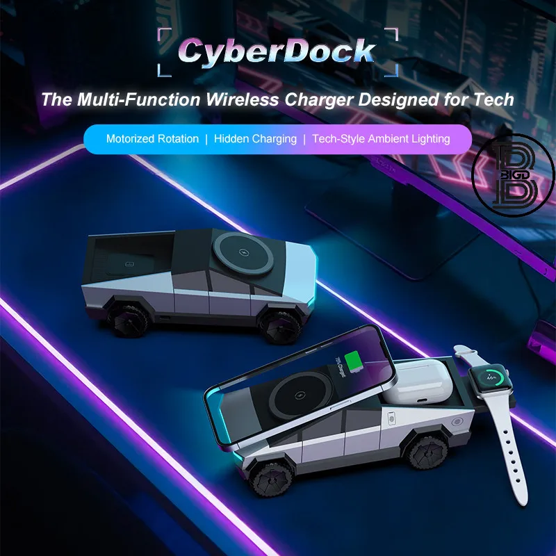 

CyberDock Pro — моторизованная беспроводная зарядная станция 3-в-1, автоматически вращающаяся подставка для телефона, магнитный технический светодиодный концентратор, 15 Вт, быстрая зарядка