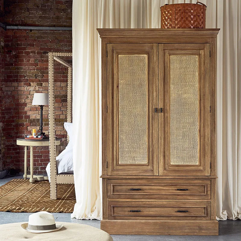 

Retro and old double door cabinet, bedroom locker, rattan oak wardrobe storage cabinet