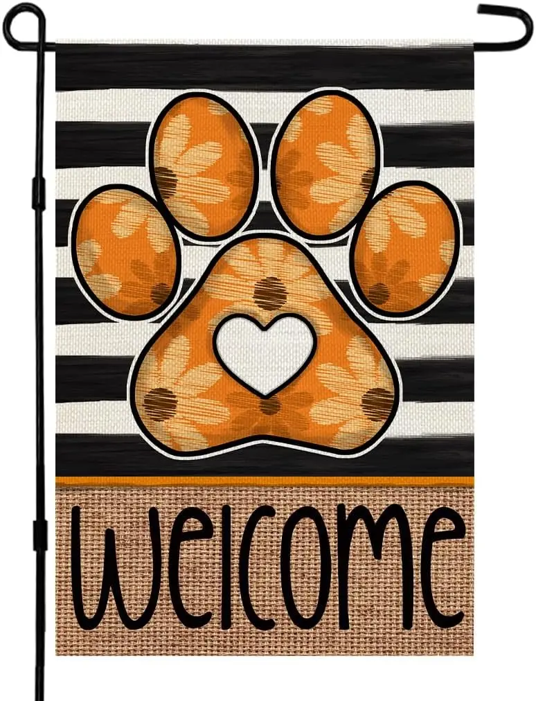 CROWNED BEAUTY Fall Garden Flag Paw Print 12x18 Inch Double Sided for Outside Small Welcome Burlap Holiday Yard Decoration (Flor