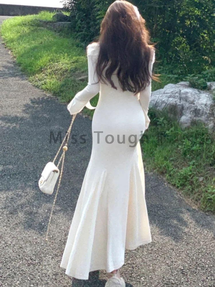 Elegant Solid One Piece Dress Women Off Shoulder Sexy Lace Up Slim Dresses Female Korean Fahion Casual Wedding Party New 2024