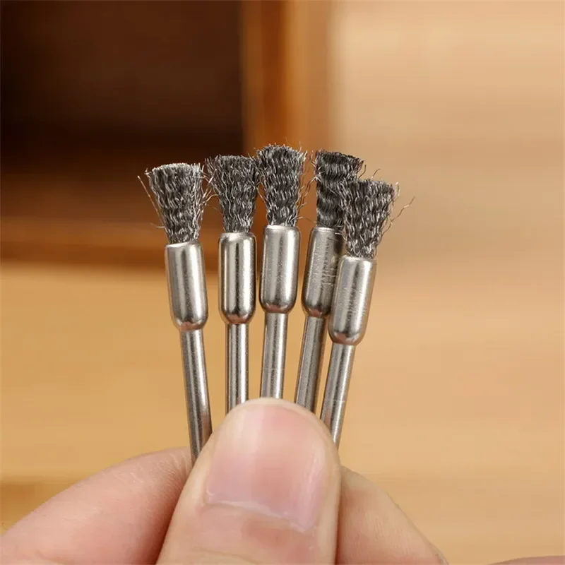 5/10pcs Pencil Brushes Stainless Steel Mounted Wire Wheel Mandrel Set Dremel Accessory Rotary Tools 3.17mm Shank Mandrel Silver