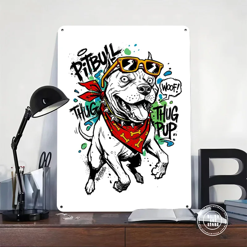 Cool Pitbull Dog With Sunglasses and Bandana Metal Poster Customized Wall Art Retro Vintage Tinplate Signs for Bar Accessories
