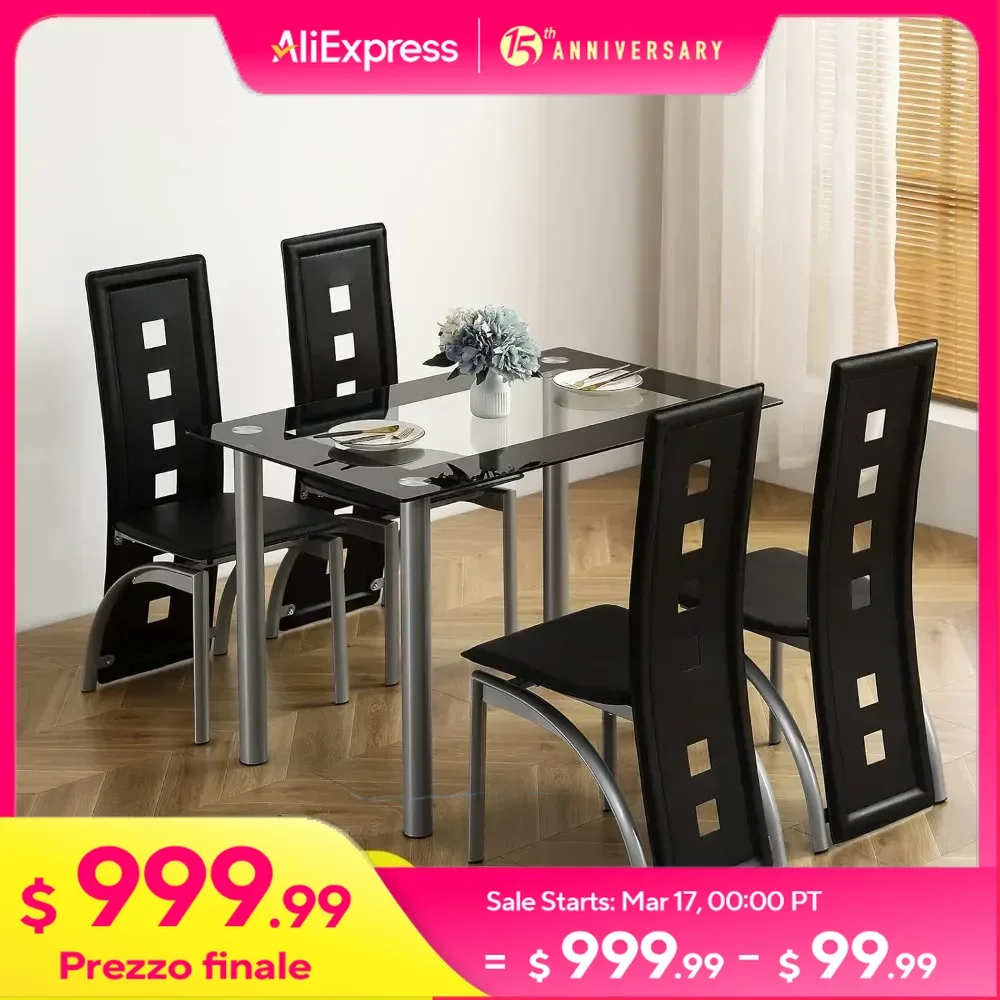 5-Piece Dining Table Set with 1 Glass Dining Table and 4 PVC Chairs, Modern Table Set for Kitchen & Dining Living Room