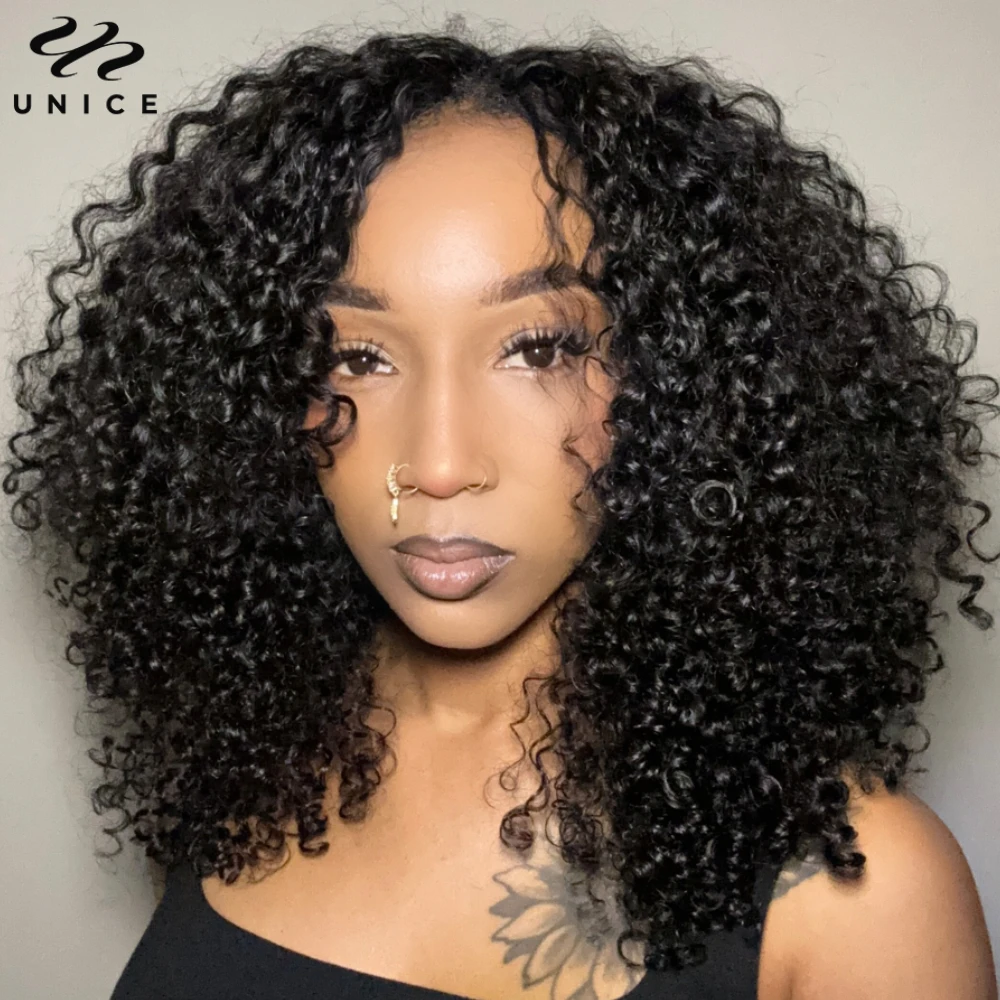 

UNice Hair Jerry Curly V Part Wig 180% Density Beginner Friendly Protective Style Human Hair Wigs Protect Your Natural Hair