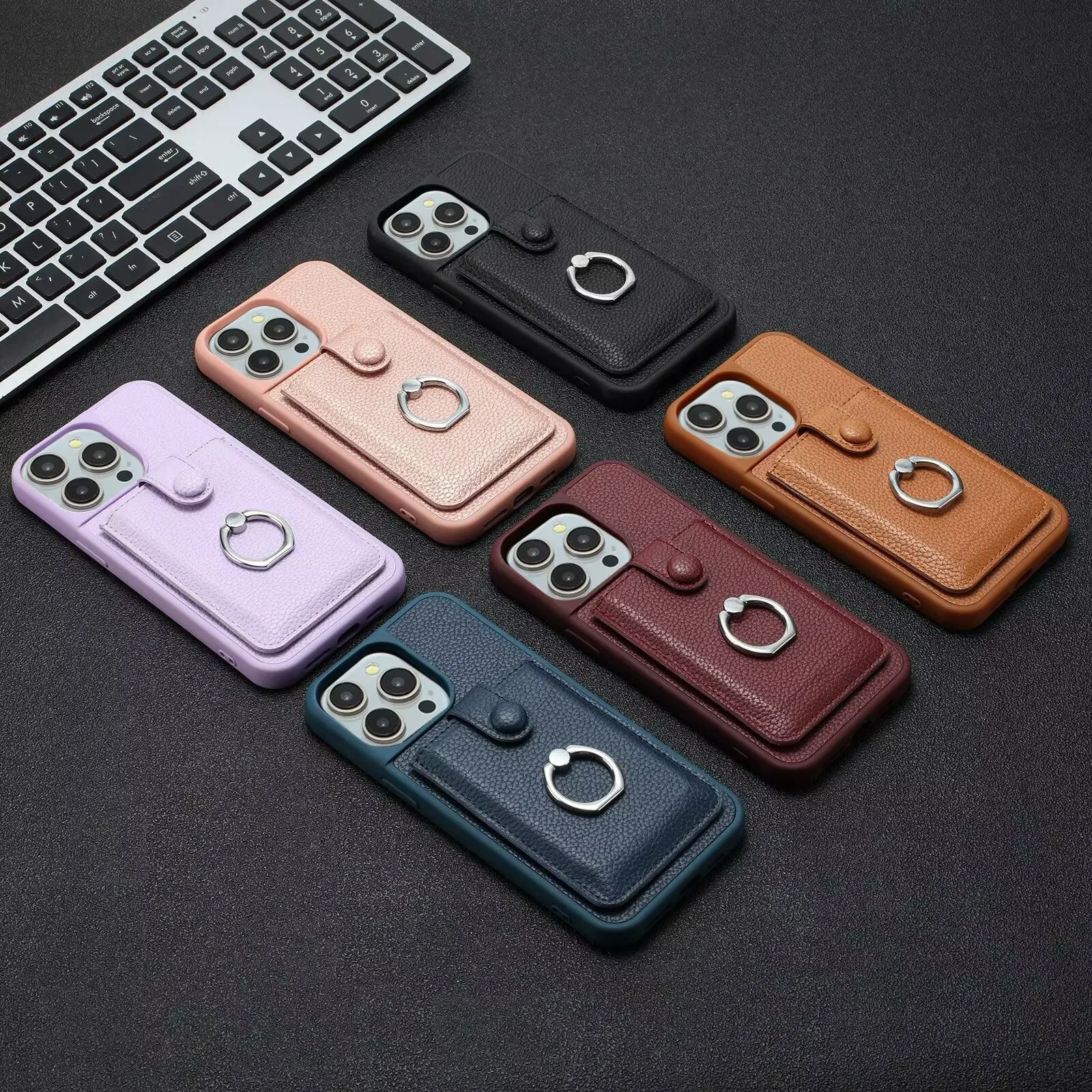 Shockproof Leather Card Holder Slots Wallet Case For iPhone 16 Pro Max 15 Plus 14 13 12, Ring Holder Kickstand Phone Cover Funda