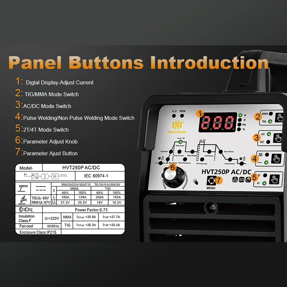 Máquina de soldadura de aluminio HVT250P TIG AC/DC, herramientas de soldadura de palo de arco, soldador inversor IGBT con pulso
