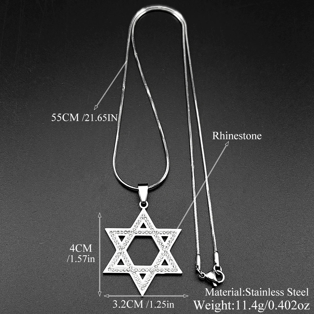 Israel Hexagram Jewish Magen David Stainless Steel Pendant Necklace for Women Men Star of David Rhinestones Chain Jewelry