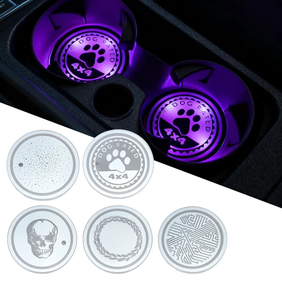 2PCS LED Cup Holder Lights for Car Rechargeable 7 Color-Changing Light Up Cup Holder Insert Coasters Car Accessories for Teens