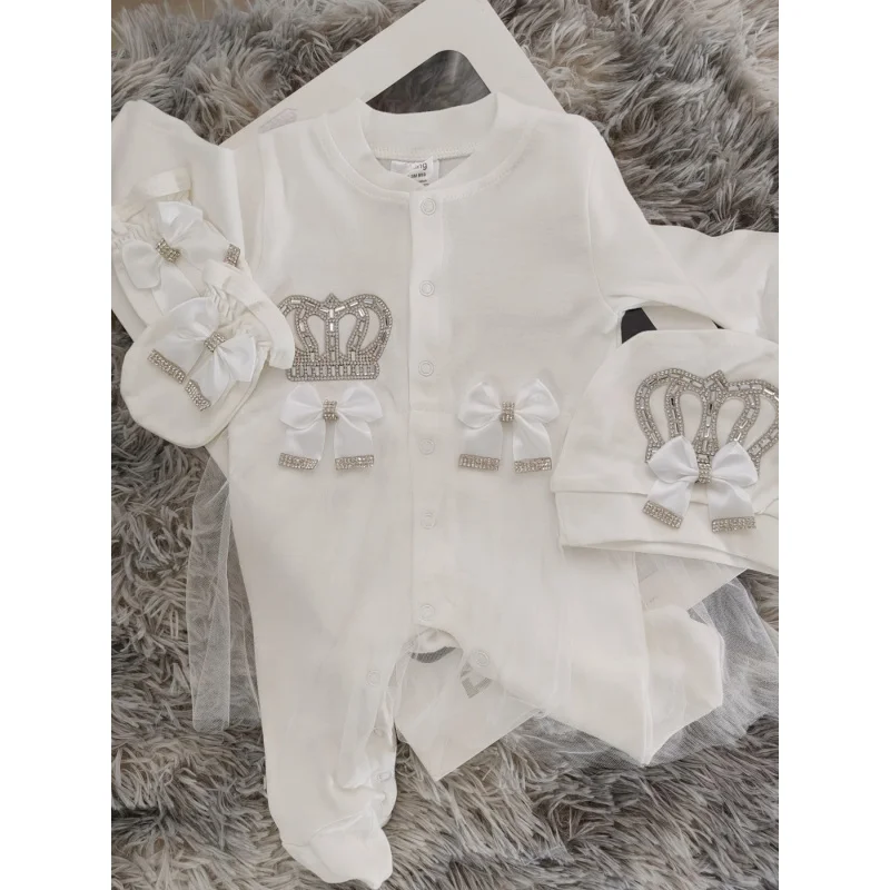 Newborn Baptism Outfit Set - Soft cotton baptismal jumpsuit with rhinestone crown and matching hat and gloves | Footwear Suitabl
