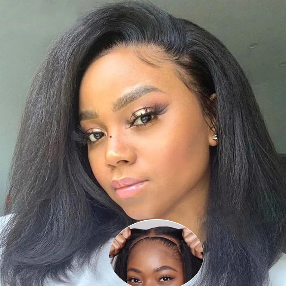 

13X4 Yaki Kinky Straight Bob Wig Ready To Wear 100% Human Hair Glueless Wigs Brazilian Short Bob HD Transparent Lace Frontal Wig